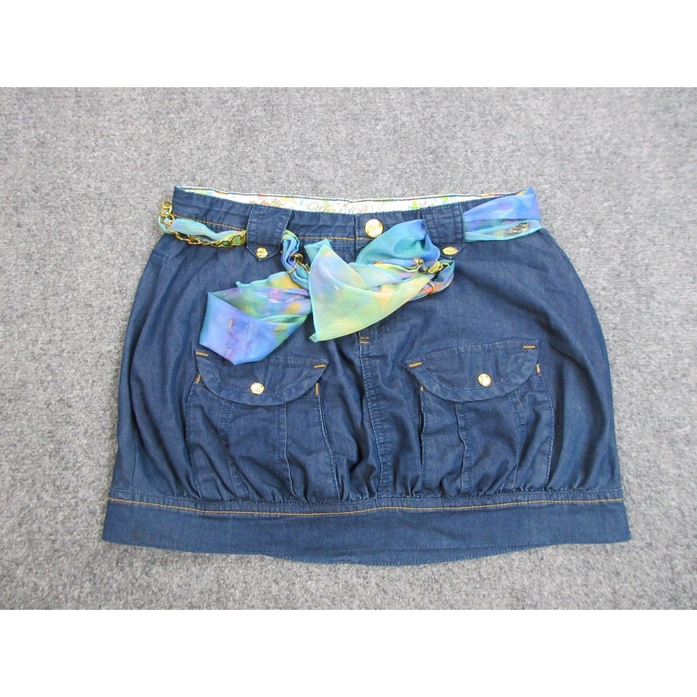 VINTAGE Apple Bottoms Skirt Womens 7/8 Denim‎ Gold Button Pockets Chain Belt Y2K